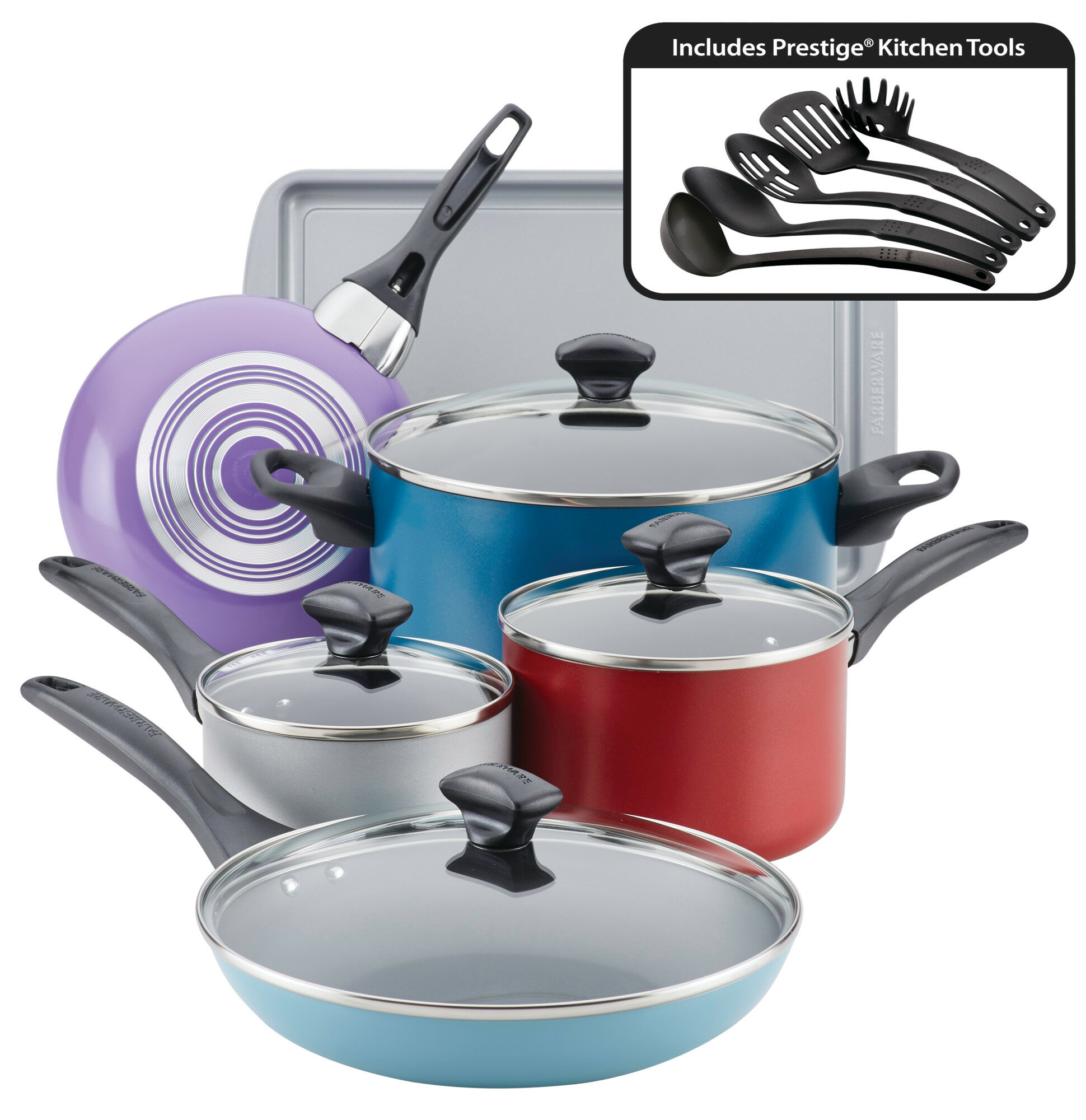 Farberware Dishwasher Safe Nonstick Aluminum 15-Piece Cookware Set,  Assorted Colors