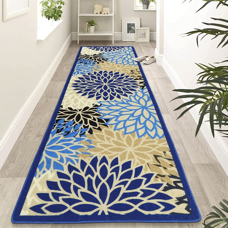 Washable Hallway Carpet with Non-Slip Backing Size : 80x200cm Blue Geometric Line Pattern Design Rugs Multipurpose Area 