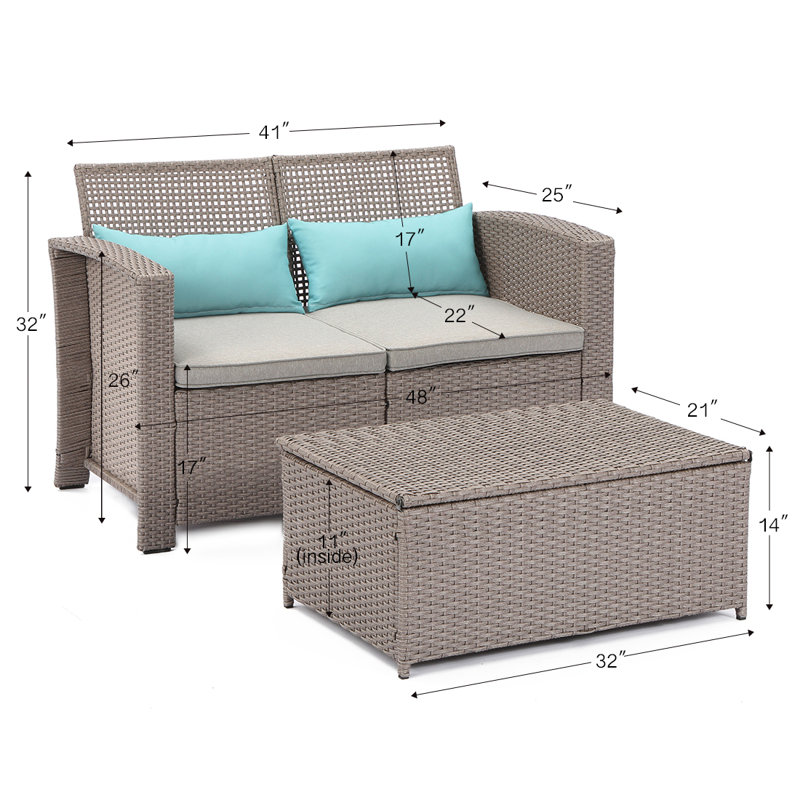 Highland Dunes Gosnell 2 Piece Outdoor Patio Furniture Taupe Open Weave Wicker Love Seat W Warm Gray Cushions Storage Chest 2 Turquoise Lumbar Pillows Wayfair
