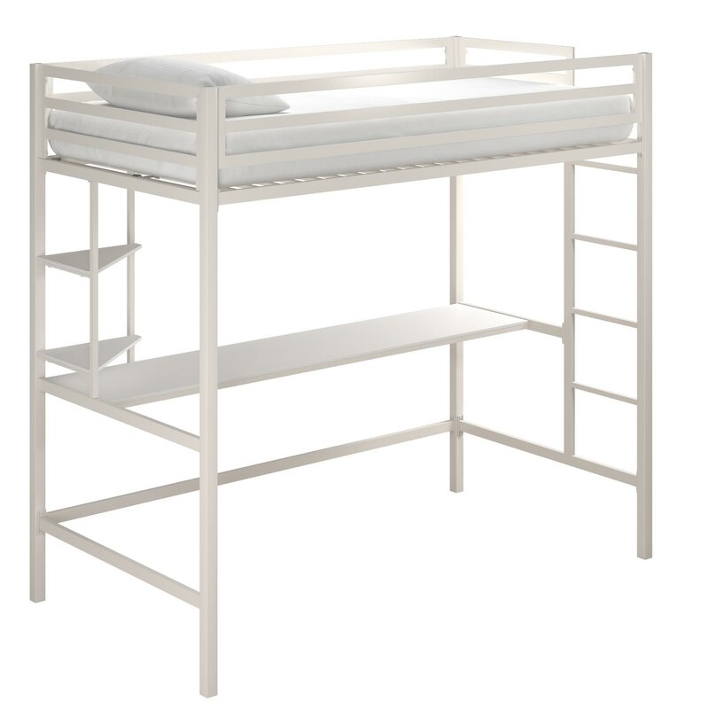 white metal loft bed with desk