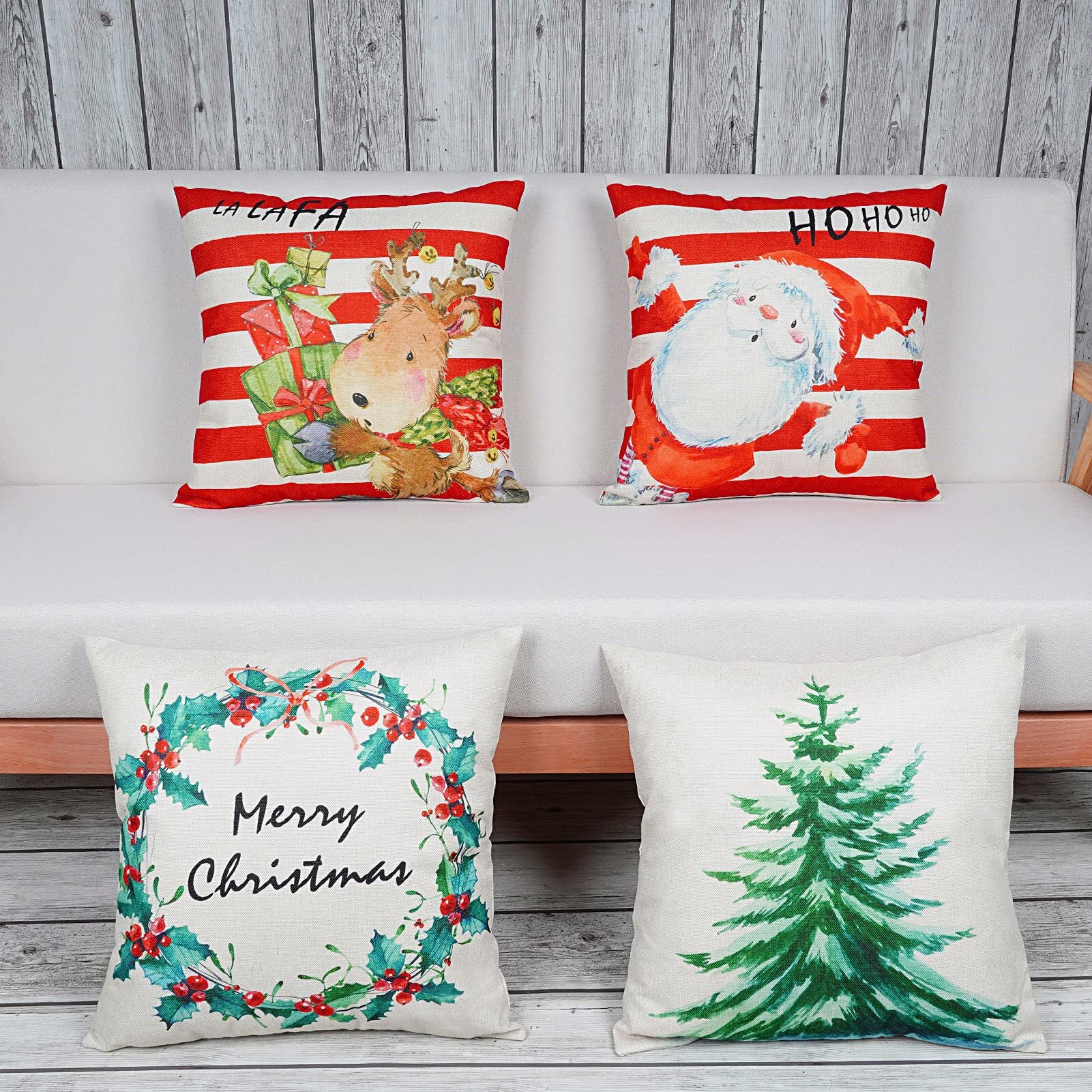 Blue, White Christmas Pillow Covers Farmhouse Christmas Decorations Cushion Case 18x18 Inches Set of 4 Rustic Winter Holiday Throw Pillows for Sofa Couch Linen Decorations 