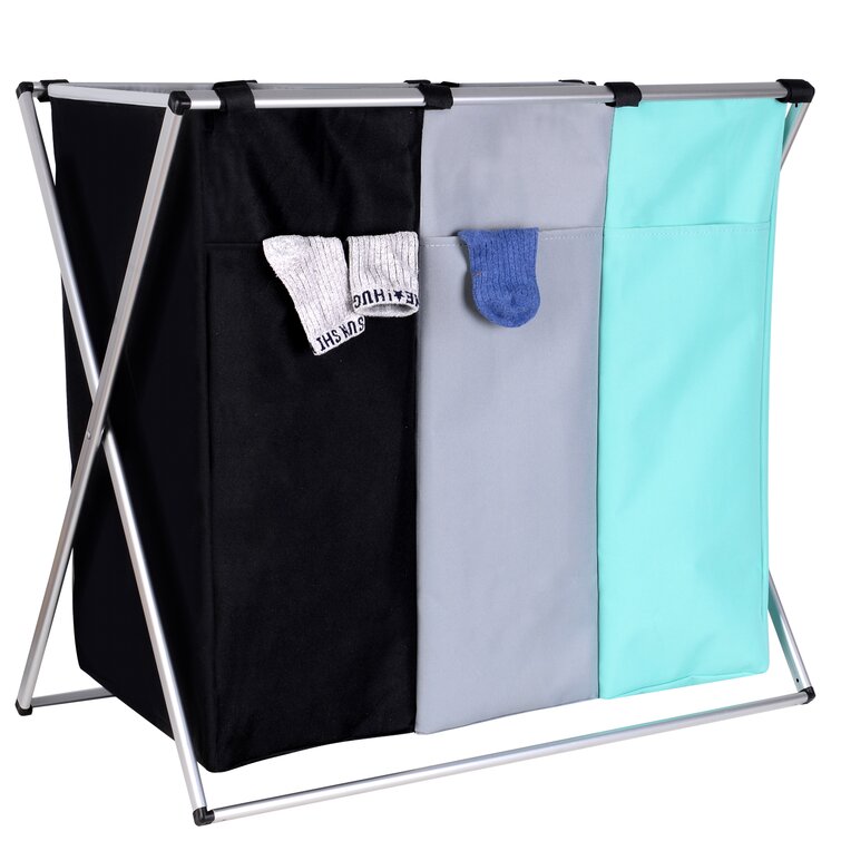 Large 3 Section Laundry Washing Clothes Bag Hamper Sorter Folding Wash Basket