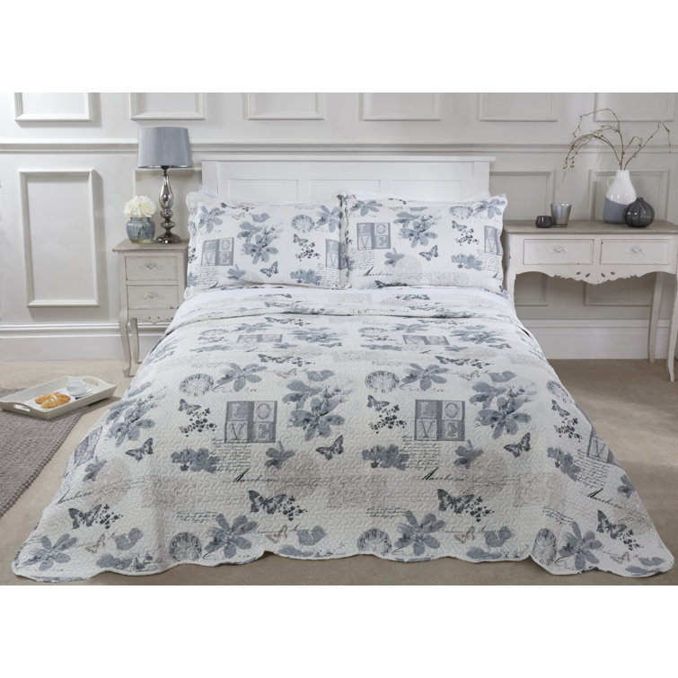 Quilted Patchwork Bedspread Wordsworth Grey Floral Vintage Bed Set Pillow Sham 