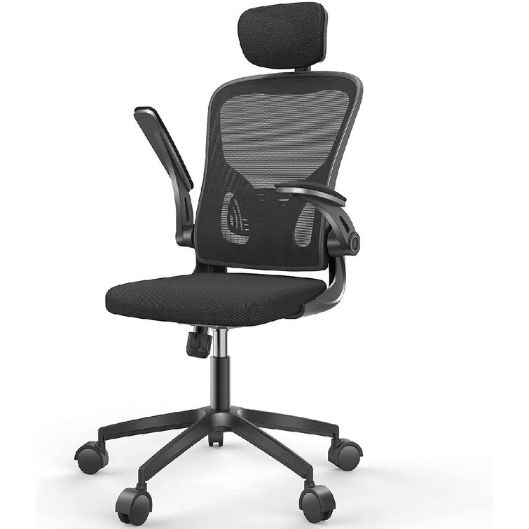 Swivel Executive Chair for Adults Mesh Computer Chair with Thickened Cushion Home Office Chair Black Ergonomic Desk Chair with Adjustable Lumbar Support & Flip-up Armrests 