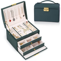 Combination Lock Women Travel Jewelry Box Organizer Large Mirror 2 Trays Black 