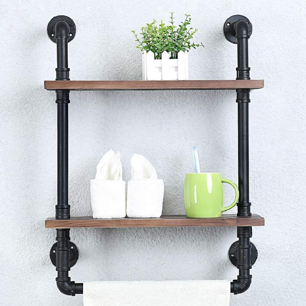 Industrial Bathroom Shelves Wall Mounted,Rustic Pipe Shelving Wood Shelf with Towel Bar,19.68in Farmhouse Towel Rack,Metal Floating Shelves Towel Holder,Iron Distressed Shelf Over Toilet 2 Tier