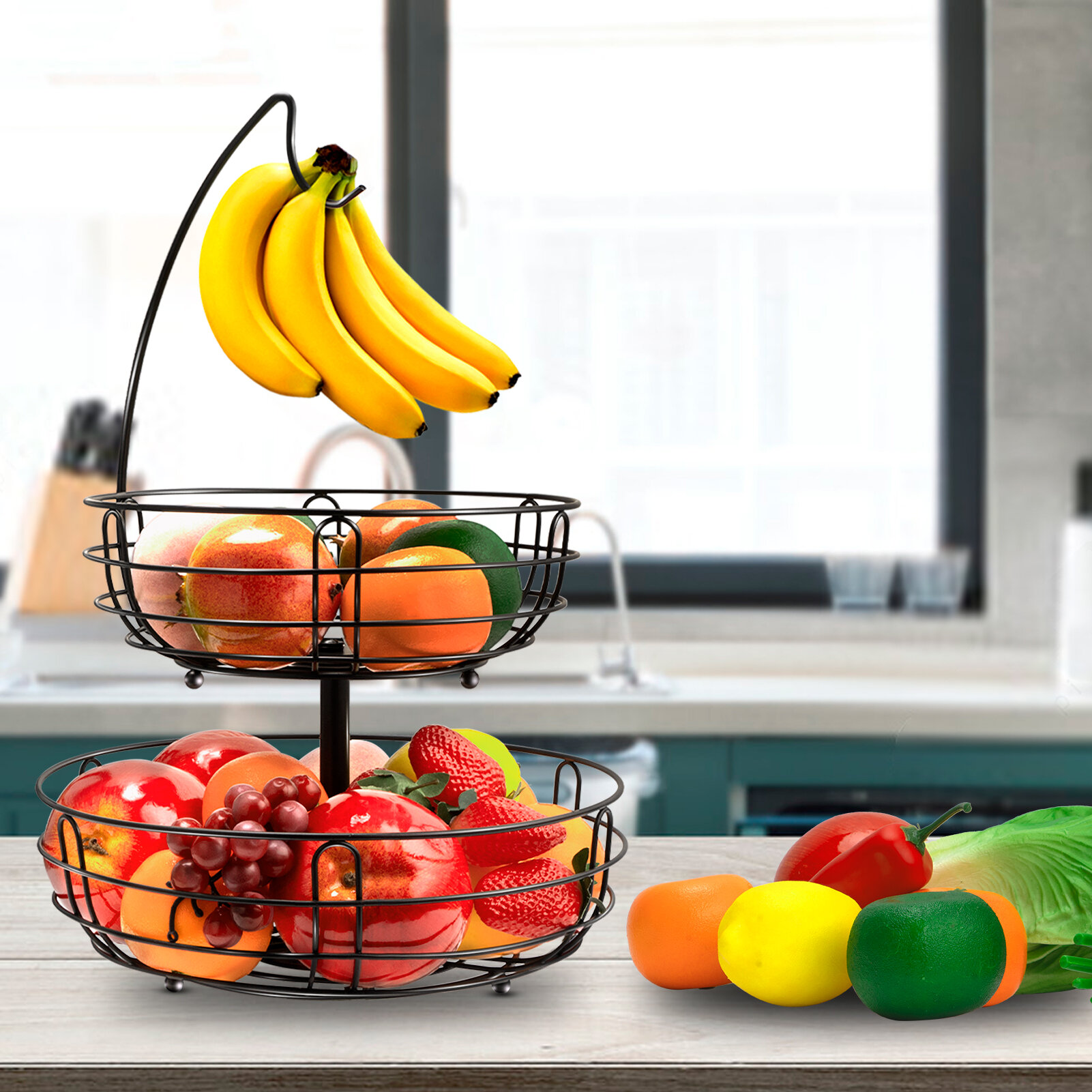 Contemporary Fruit Bowl Holder for Bananas from Metal Wire Matt Black Fruit/Vegetable/Produce Metal Basket Rack Metal Basket of Bananas Hook 