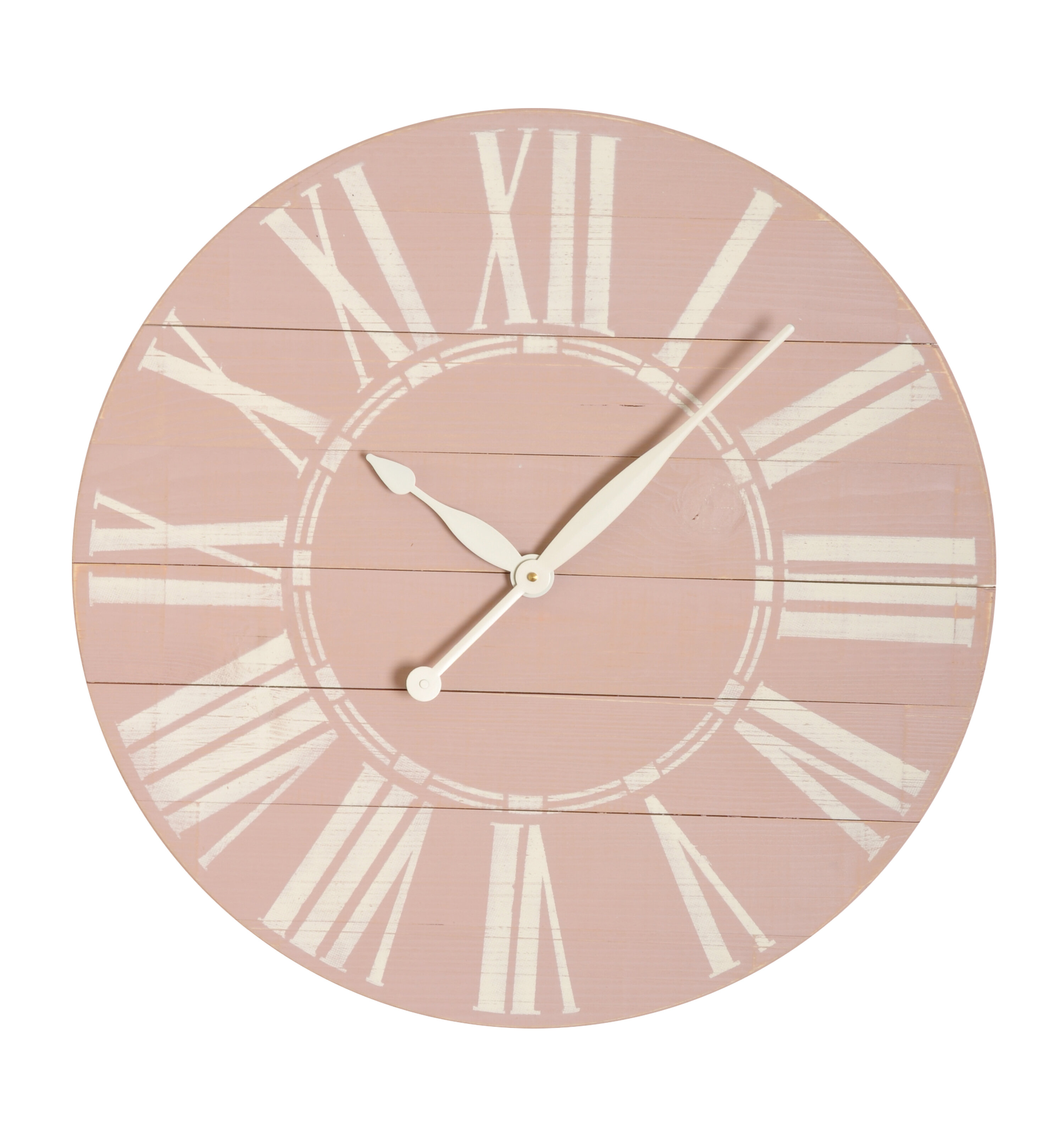 Pretty wooden wall clock with white blossom on a peachy pink background