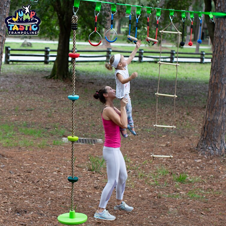 Annzoe Ninja Warrior Obstacle Course for Kids Family Play Together Monkey Bars 50 FT Ninja Slackline with Ladder Gym Rings Ninja Line Slack Line etc Swing Rope Knots Outdoor Play