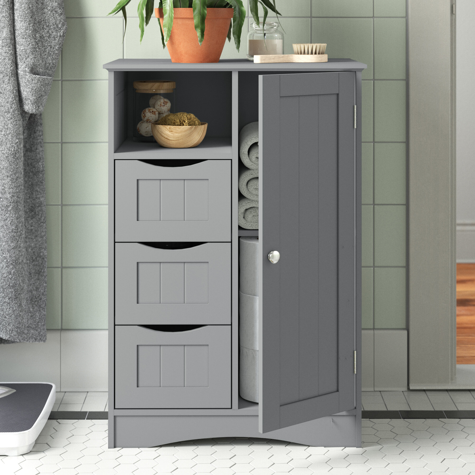 4-Door Tall Storage Cabinet Wood Chest Organizer Shelves Bathroom Towels Brown 