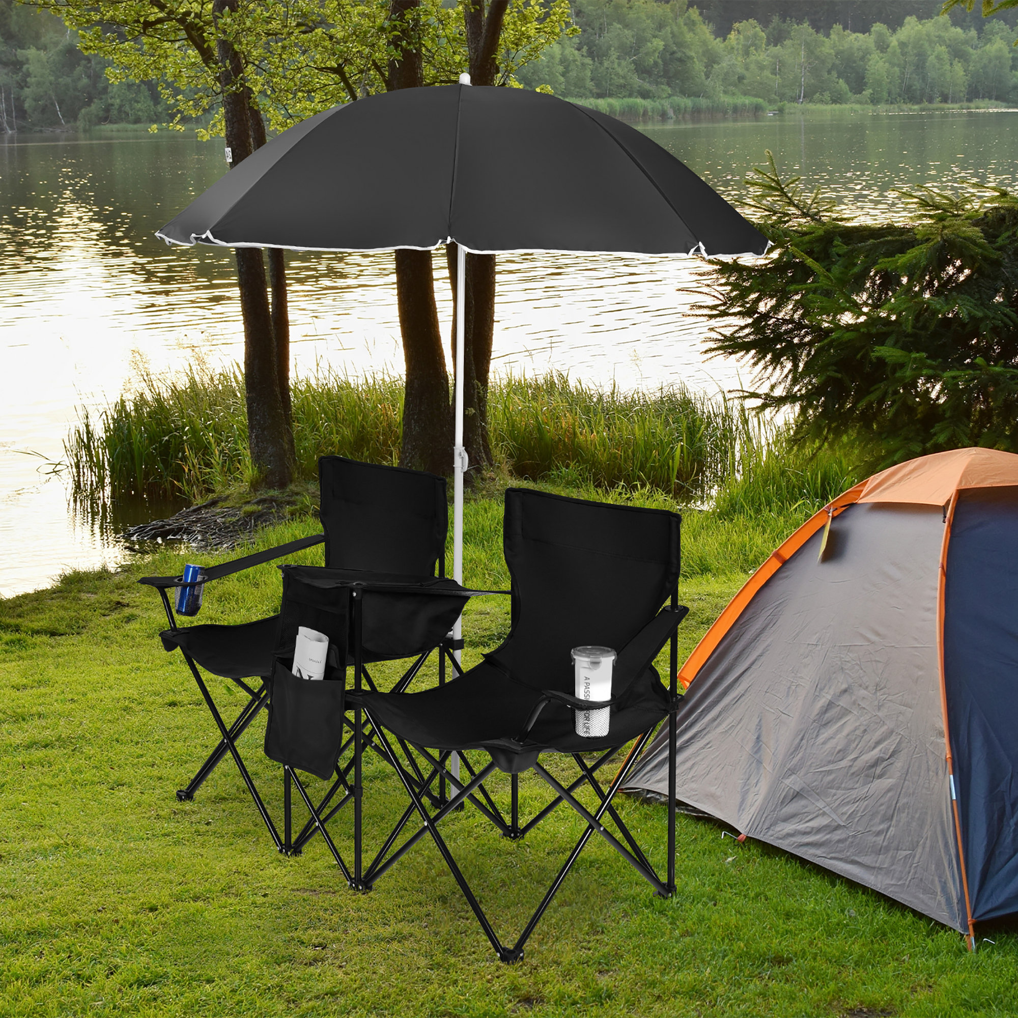 Folding Picnic Beach Camping Double Chair+Umbrella Table Cooler Fishing Travel Folding Picnic Beach Camping Double Chair+Umbrella Table Cooler Fishing Travel