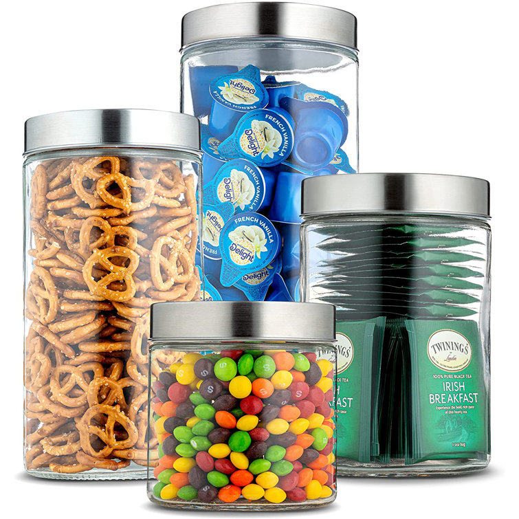 Glass Canister Set With Stainless Steel Lid 4-Piece Set, Kitchen Storage  Glass Jars For Candies, Cereal, Nuts & More, Airtight Containers For ...