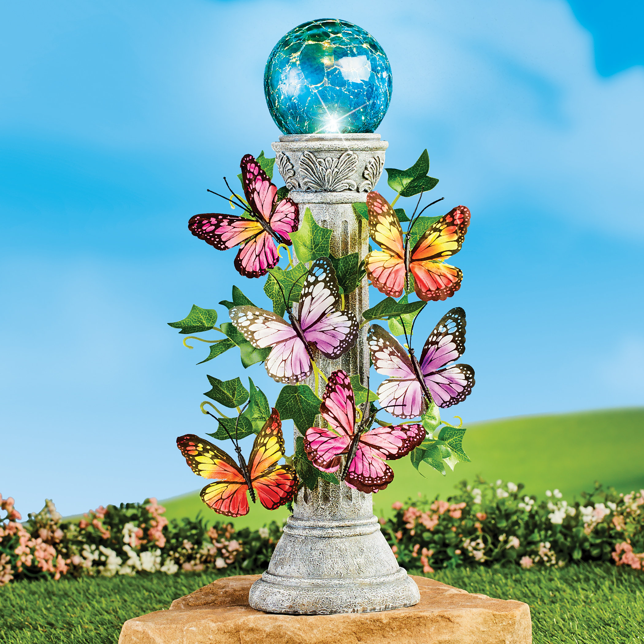 One Allium Way® Magaret Butterflies with Solar Gazing Ball Garden Column Statue Wayfair