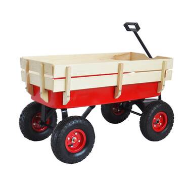 Outdoor Wagon Toy All Terrain Pulling Wood Railing Air Tires Large Loading Capacity Extra-Long Handle for Children 