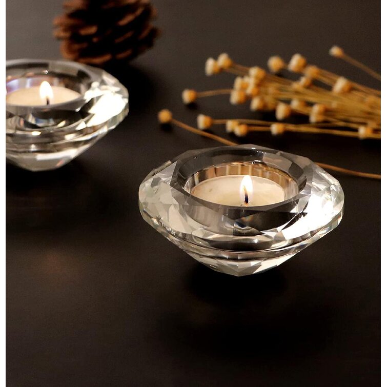 SET OF 2 GLASS CRYSTAL DIAMOND TEALIGHT CANDLE HOLDERS ON A METAL STAND 