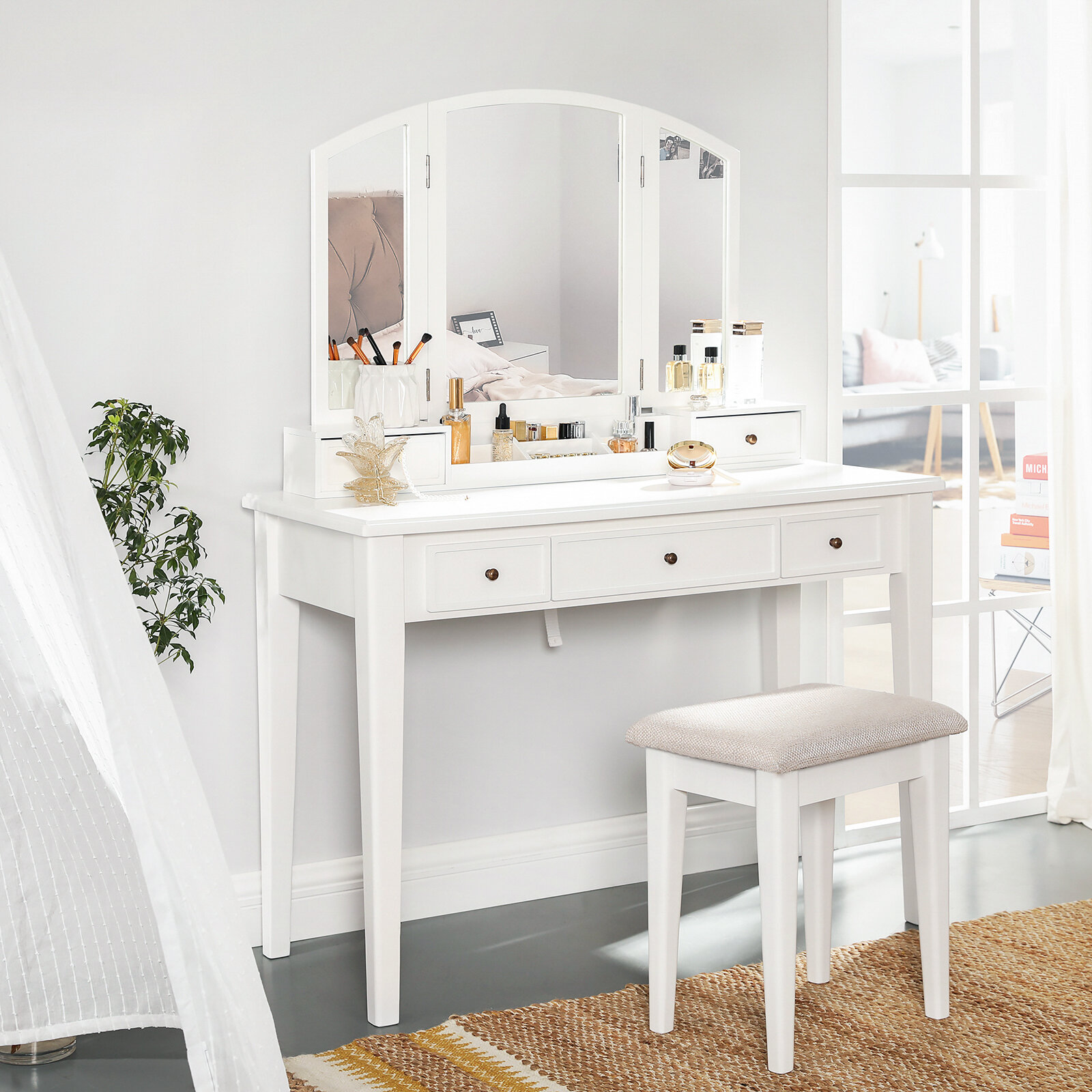 White FREDEES Vanity Table Set Corner Curved Dressing Table Makeup Desk with 5 Drawer 3 Mirror Dressing Table for Bedroom