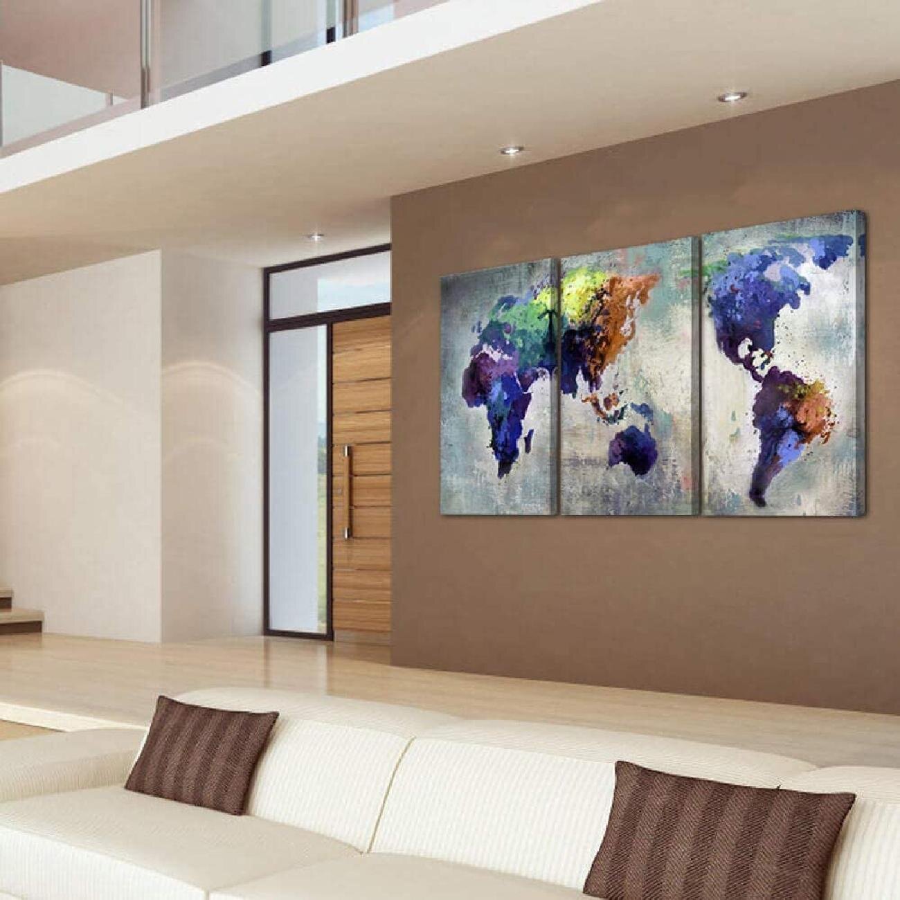 Home Decor 3 Panel Modern Oil Painting World Map Wall Picture Unframed Canvas S