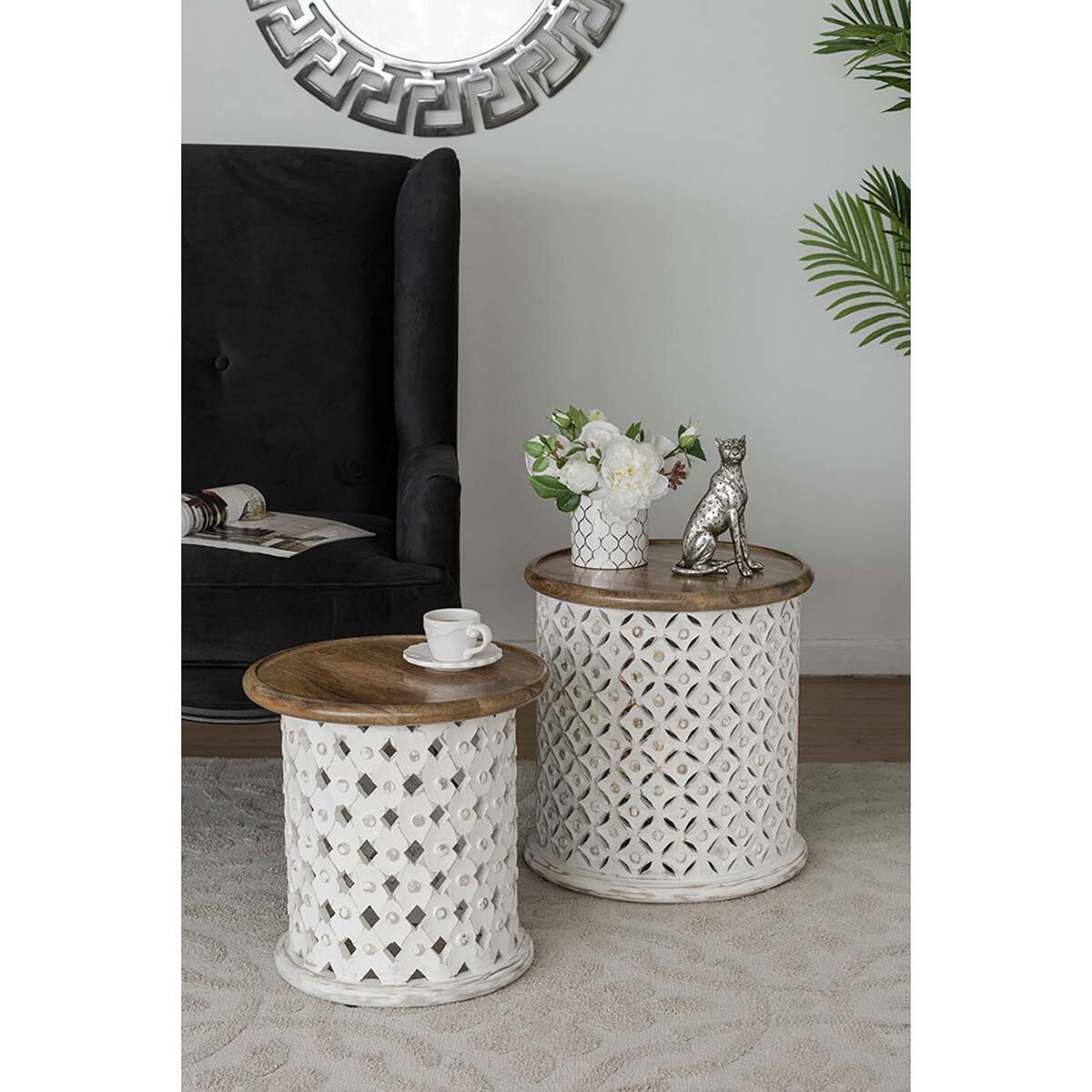 Dakota Fields 18'' Tall Solid Wood Drum Nesting Tables | Wayfair