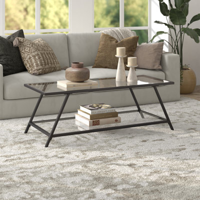 Yair 48" Glass And Steel Coffee Table With Shelf