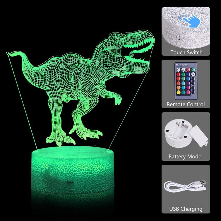 Dinosaur Night Lights for Kids Christmas Gift Birthday Indoraptor Toy 3D Illusion Lamp Dino Gifts for Boys Home Bedroom Party Supply Decoration 7 Color Blue Raptor Remote Timer LLAM01