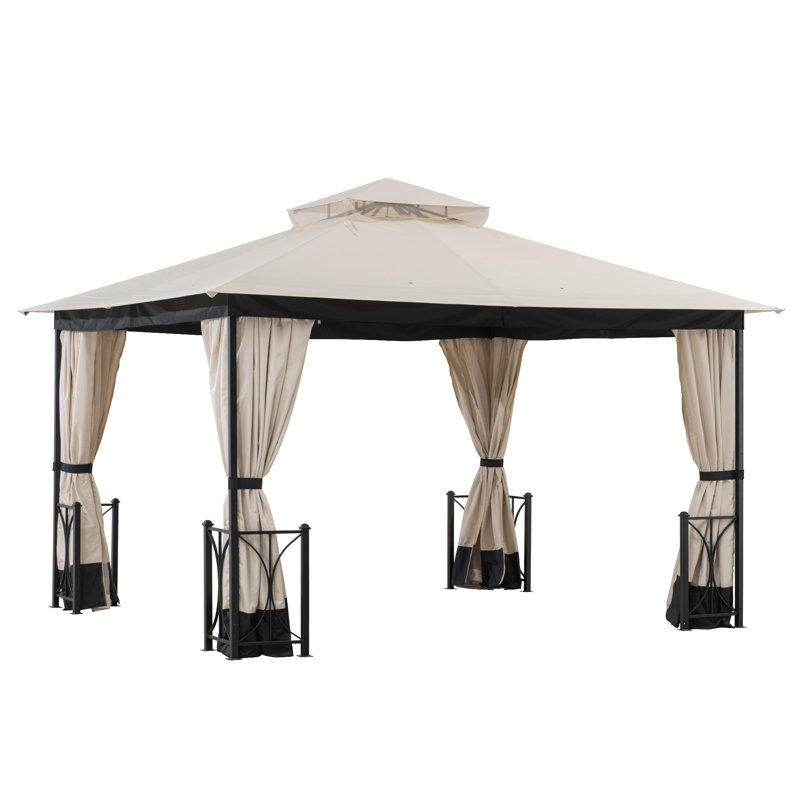 Sunjoy 11 x 13 ft. Gazebo with 2-Tier Hip Canopy Roof, Steel Frame Soft top Gazebo with Curtain and Mosquito Netting Roof Color: Light Tan/Black
