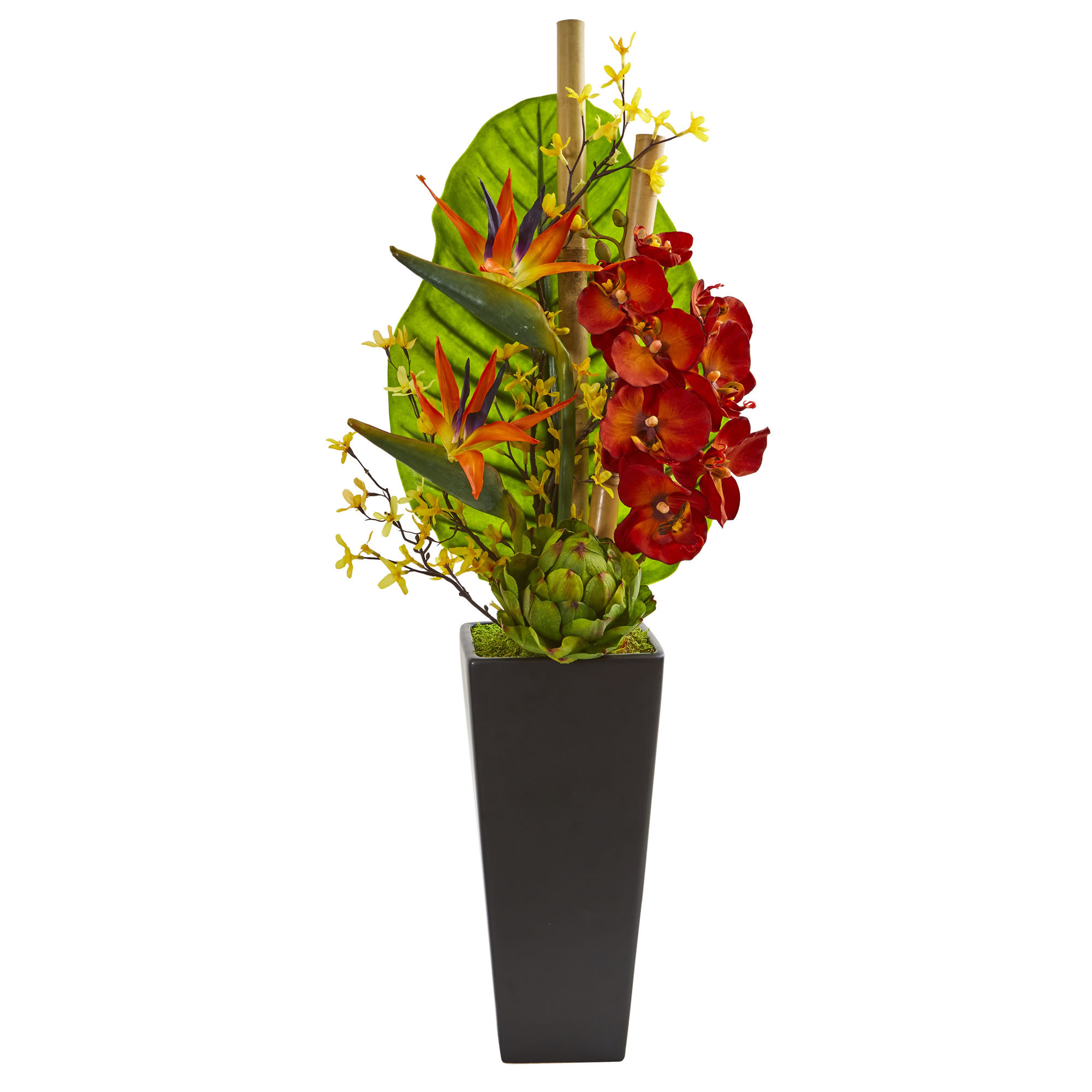 Brayden Studio Artificial Tropical Orchid Bird Of Paradise And Artichoke Mixed Floral Arrangement In Planter Wayfair