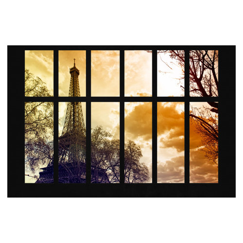 Window on Eiffel Tower in Paris at Sunrise 2.9m x 4.32m Textured Matt Peel & Stick Wall Mural East Urban Home