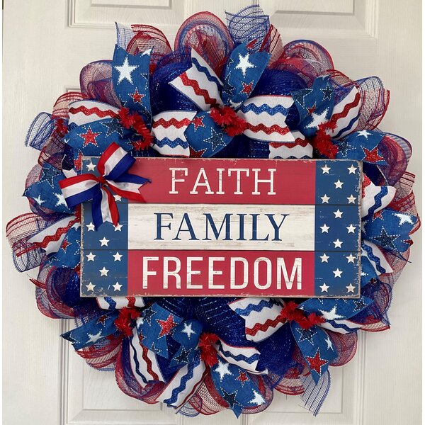 Patriotic Independence Day 4th of July Super Cute & Whimsical Memorial Day Burlap Holiday Wreath with Sparkle 