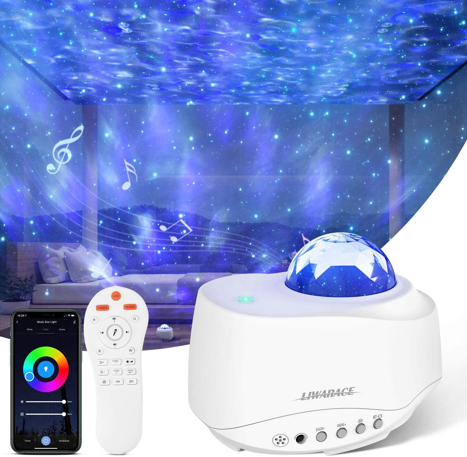 Bluetooth Music Speaker Galaxy Projector Star Projector-15 Colors LED Starry Night Light Projector for Bedroom with Remote Control Skylight for Ceiling with Ocean Wave Home Deco for Adults or Kids