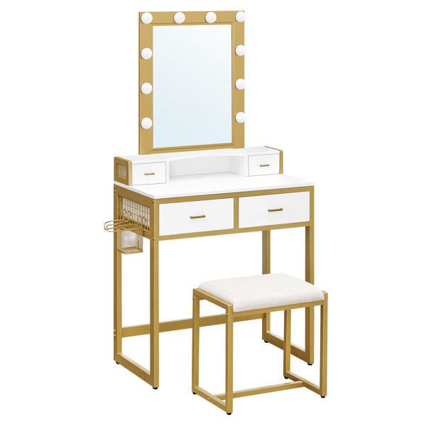 Mercer41 Makeup Vanity Set With Lighted Mirror Vanity Table Set With Padded Stool 4 Drawers For Dressing Room Bedroom 27 6 X 15 7 X 57 3 Inches Modern White And Gold Wayfair