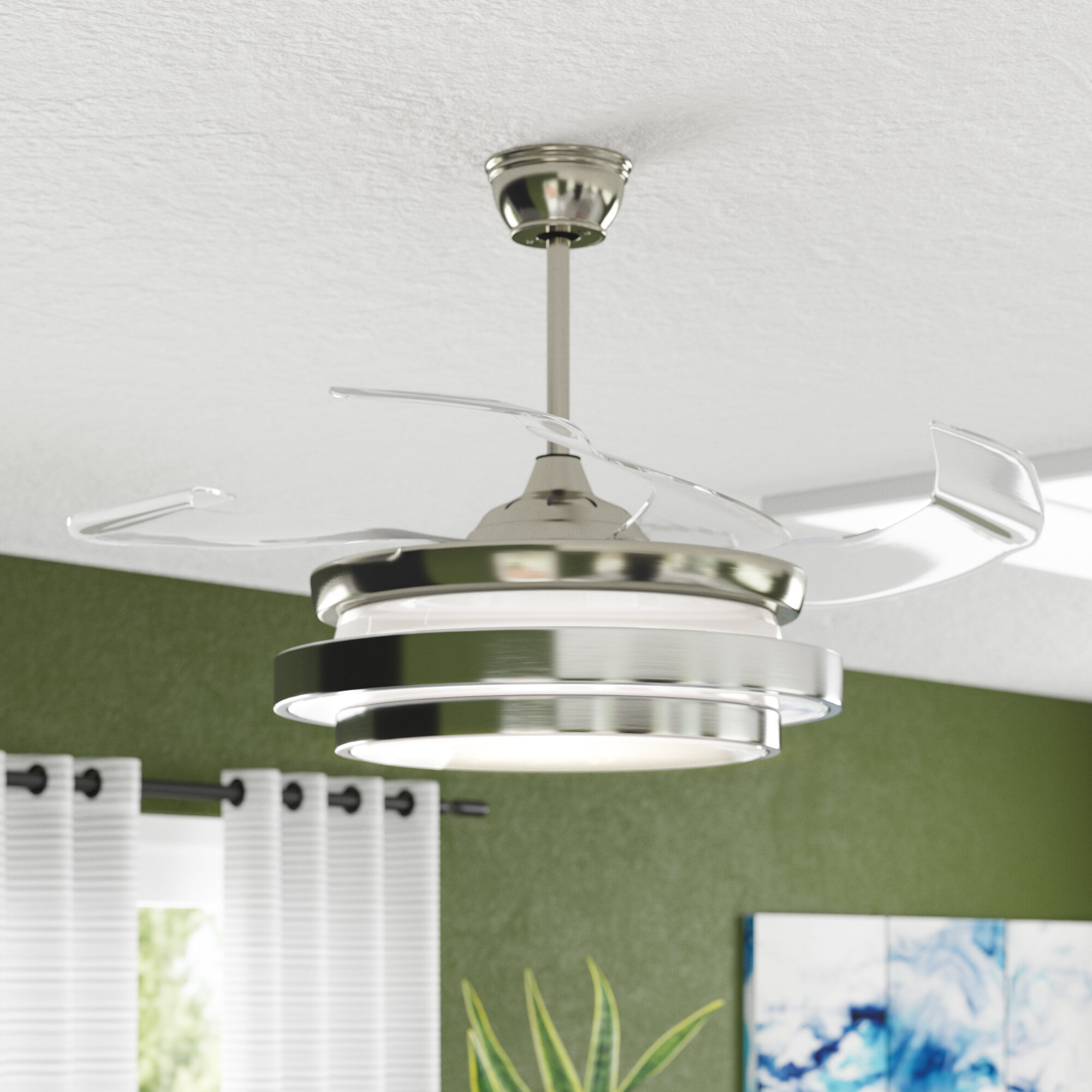 Modern Ceiling Fan w/ LED Panel Light & Remote Control Silver Color Blades 