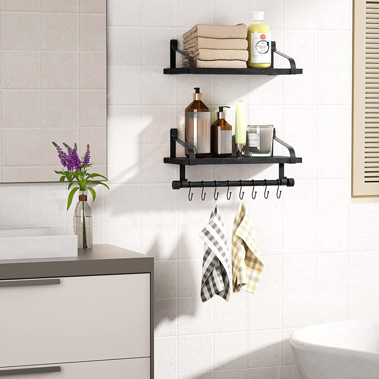 Floating Shelves Wall Mounted Set Of 2, 17.3 Inch Storage Shelves With Wood  Bar And 8 Removable Hooks For Kitchen, Coffee Bar,Bathroom, Bedroom, ...
