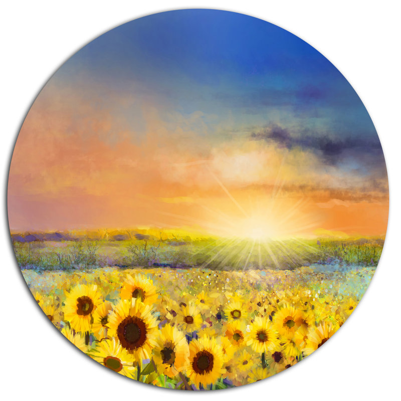 Designart Sunset Over Golden Sunflower Field Oil Painting Print