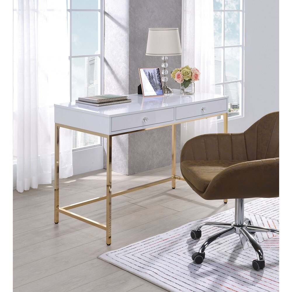 Everly Quinn Acme Ottey Desk In White High Gloss Gold 92540 Wayfair