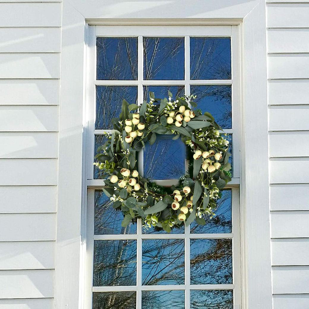 with Wooden Sign Wreath for Front Door Artificial Summer Wreath with Welcome Sign Outdoor Wall Window Door Décor Green Leaves and Red Berry White Foam Flower Wreath 