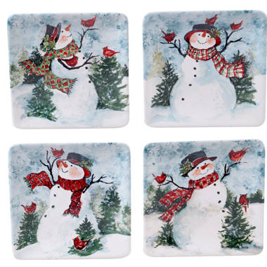 Set of 4 Green Multi Color Red Animal Casual Modern Contemporary Square 4 Piece Dishwasher Safe Microwave UKN Magic of Christmas Snowman 6-inch Canape/Luncheon Plates 