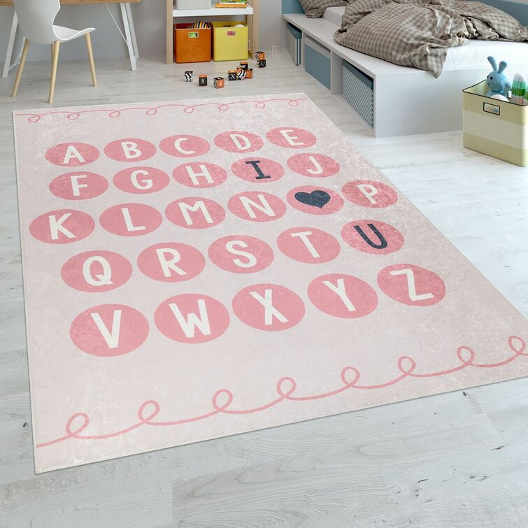 Flachgewebe Kinderzimmer Lernteppich Schönes Druckmotiv Alphabet Pink 