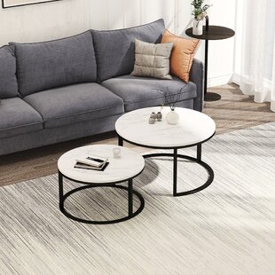 Modern Nesting Coffee Table, Black Metal Frame With Marble Color Top by Orren Ellis