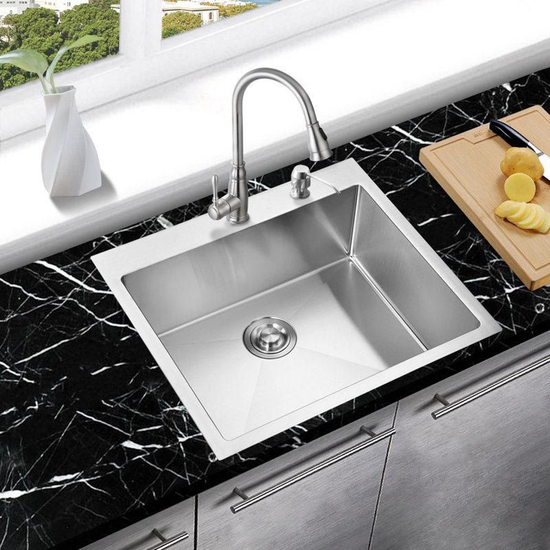 MOWA Handmade 25" L x 22" W Drop-In Kitchen Sink with Sink ...