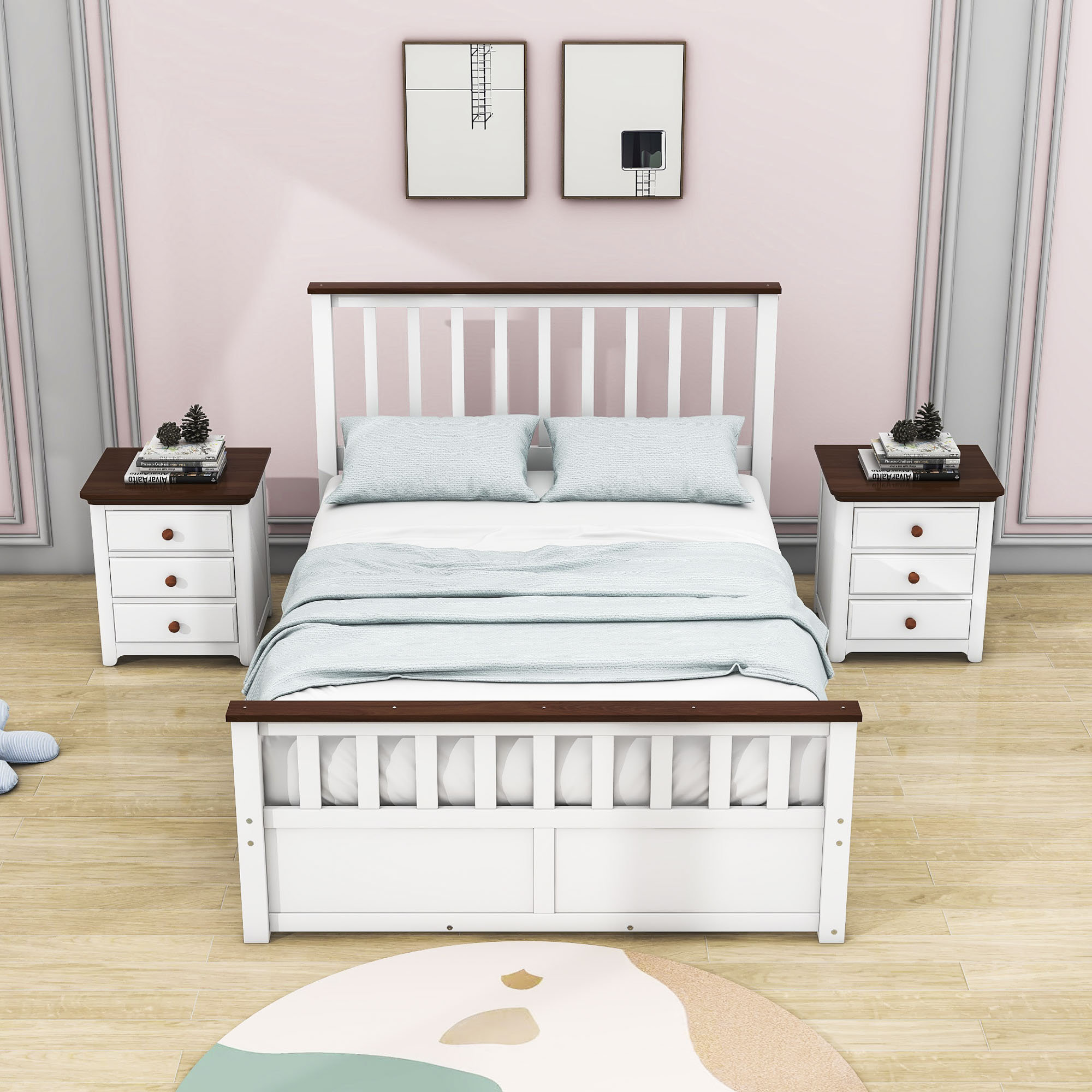 GoBeyondFurniture 3Pieces Bedroom Sets, Platform Bed With Two