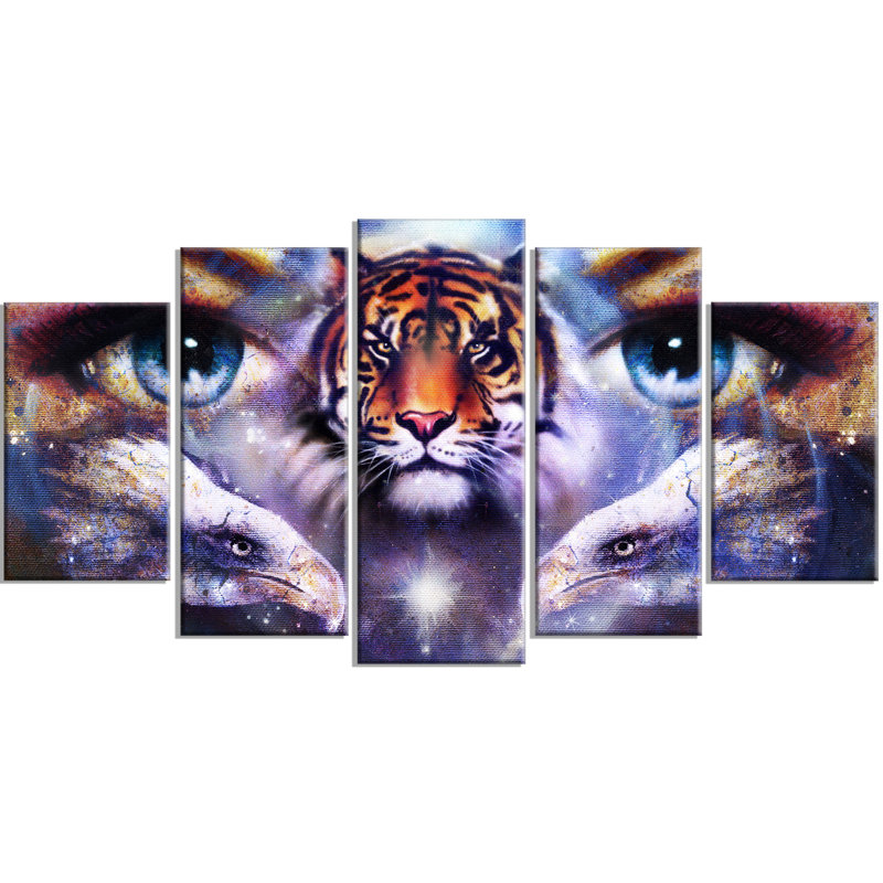 Designart Tiger With Woman Eyes 5 Piece Graphic Art On Wrapped Canvas Set Wayfair