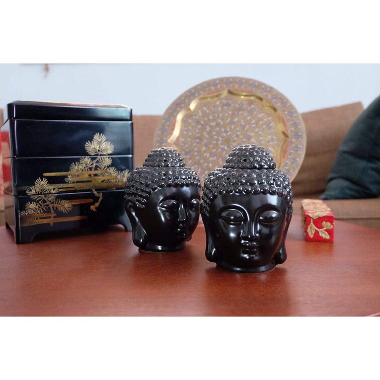 T4U Ceramic Buddha Head Essential Oil Burner with Candle Spoon Black Set of 2 Aromatherapy Wax Melt Burners Oil Diffuser Tealight Candle Holders Buddha Ornament for Yoga Spa Home Bedroom Decor Gift