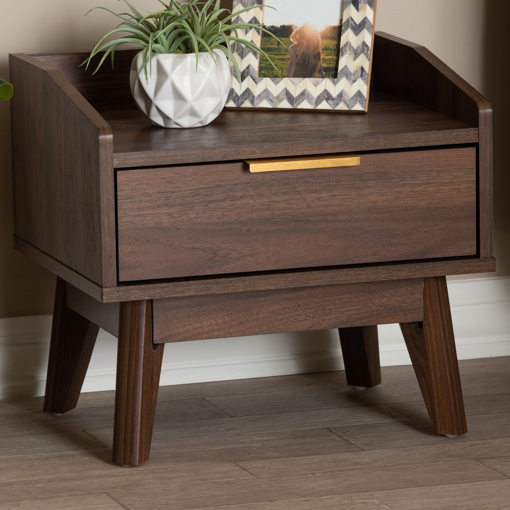 Foundstone Abe Mid Century Modern 1 Drawer Nightstand In Walnut Wayfair