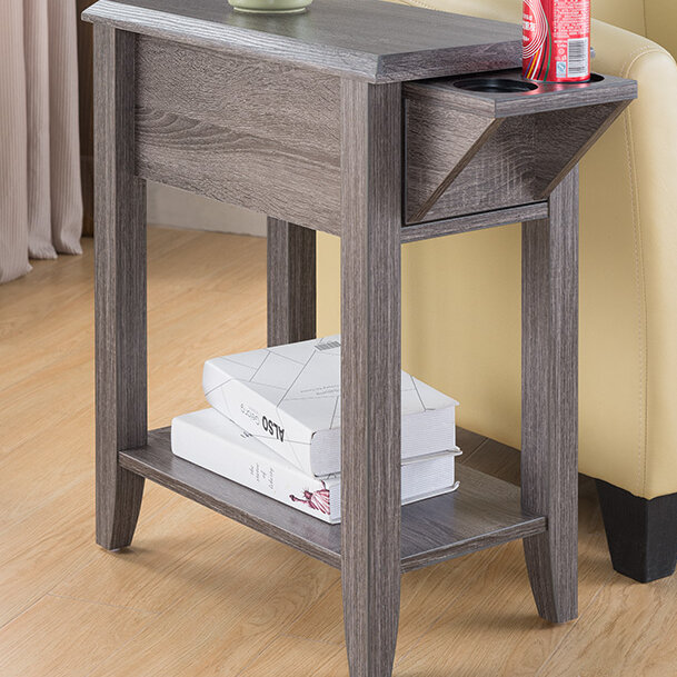 Wooden Chairside Side End Table Stand Cup Holders Pull-Out Drawer Espresso 