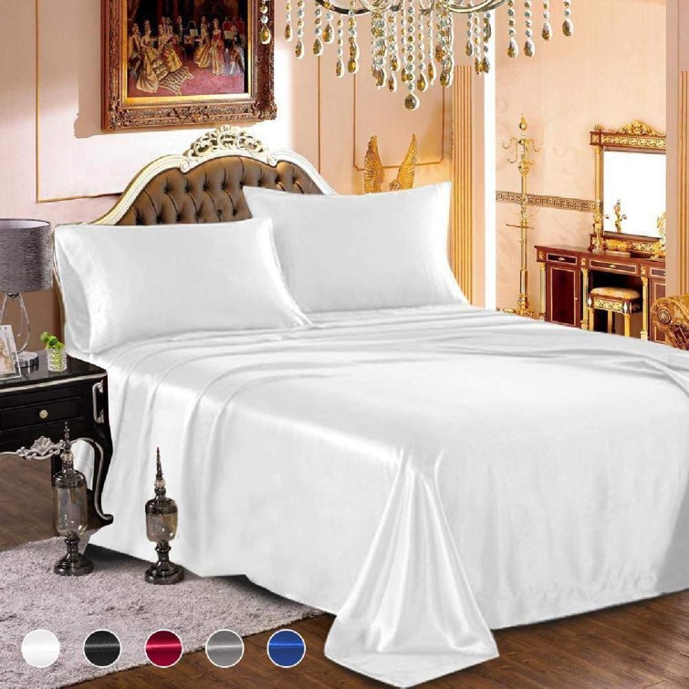 JingJiuTrade Satin Sheets Queen Size White Satin Bed Sheet Set 16" Deep