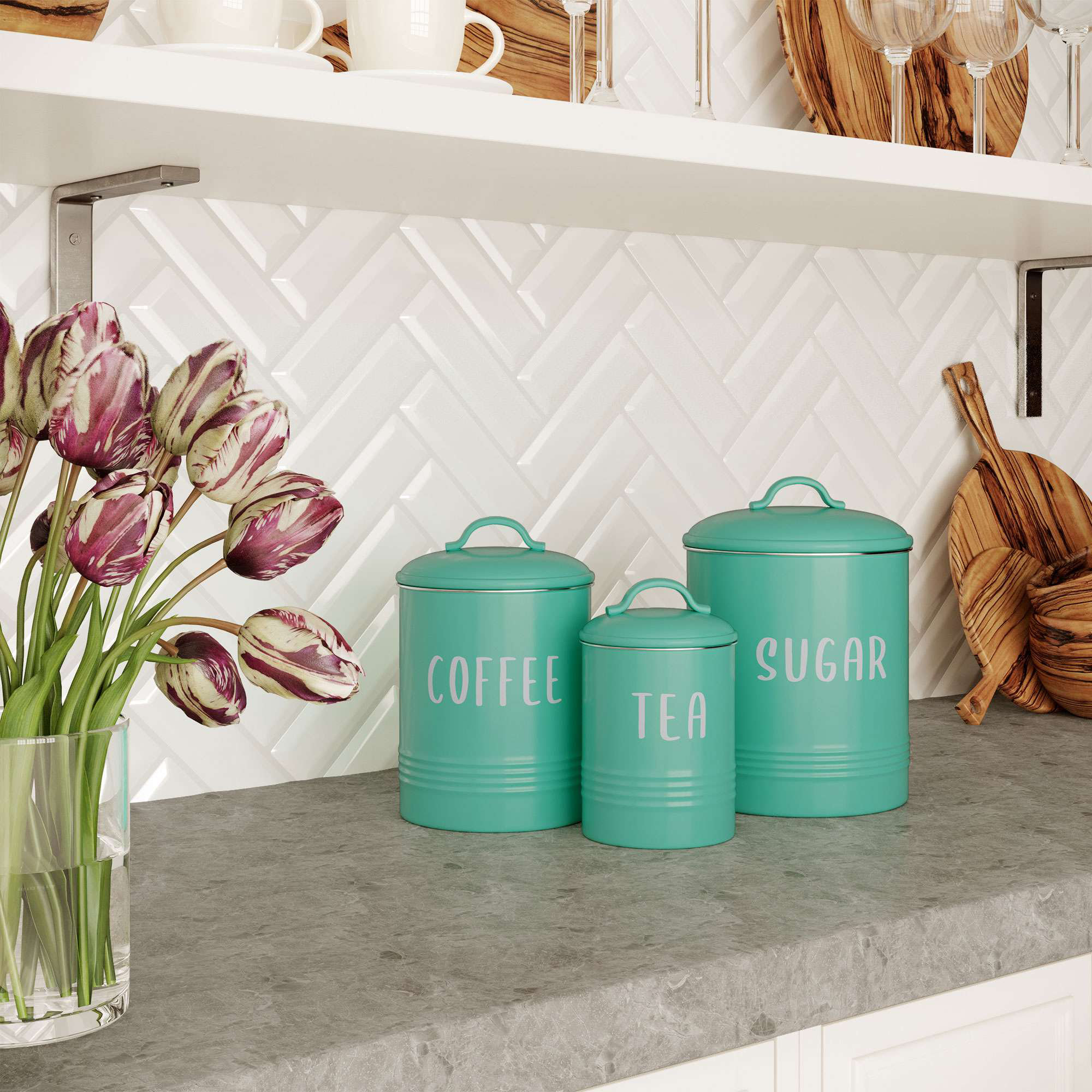 Home Intuition 4-Piece Ceramic Kitchen Canisters Set, Airtight Containers  with Wooden Spoons Reusable Chalk Labels and Marker for Sugar, Coffee, Flour,  Tea (Turquoise) 