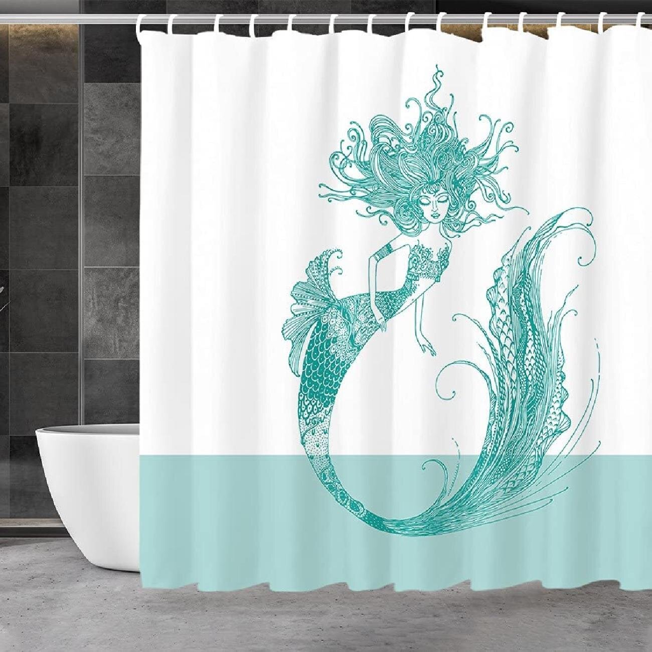 Mermaid In Green Seaside Waterproof Bathroom Fabric Shower Curtain  & 12 Hooks