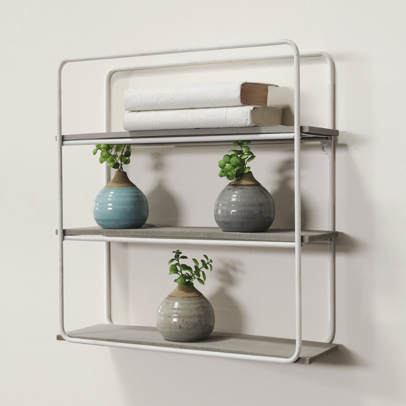 Armour Metal and Wood Wall Storage Unit with 3 Open Shelves, Industrial Wall-Mounted Shelf Organizer, Modern Floating Display Shelving