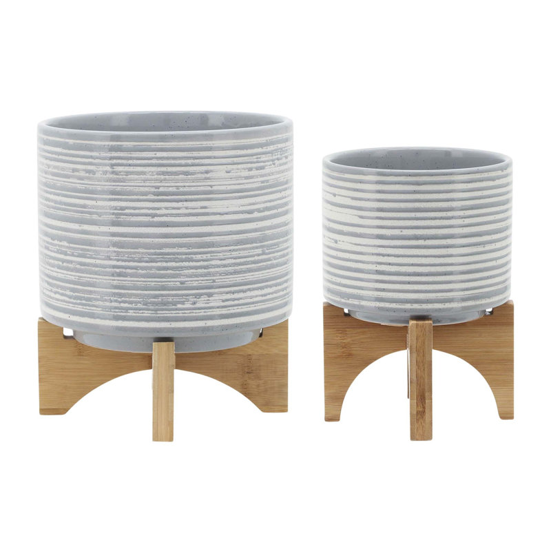 Baltz Ceramic Planter on Wooden Stand | Modern Stoneware Plant Pot with Decorative Base