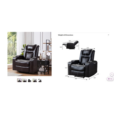 36.22" Wide Modern Top Faux Leather Recliner Chair Man Cave Home Theater Seating with USB & Cup Holders & Arm Storage